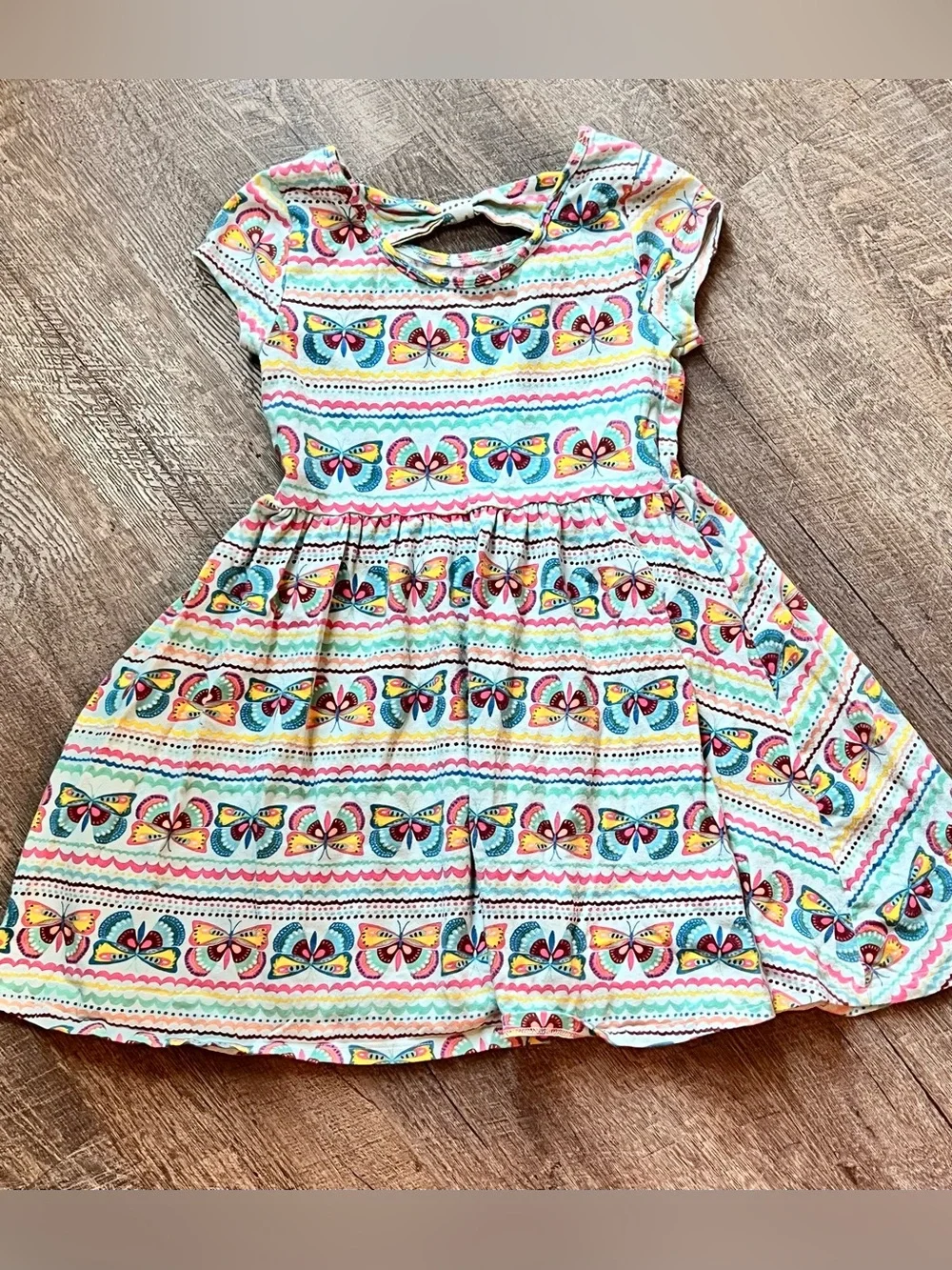 Girls Butterfly Print Skater Dress Size 5/6 Est Cotton Stretch Colorful Spring